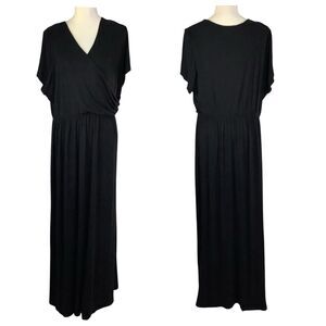 Meri Skye Faux Wrap Midi Maxi Dress Women 3X Black V-Neck Short Sleeve Minimalis